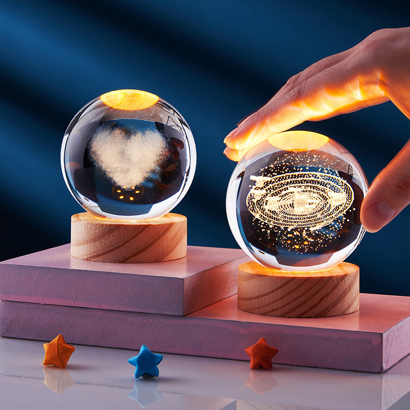 Crystal Ball 3D Inner Carved Solar System Glowing Night Lights Warm Bedside Light Festival and Kid Gift Night Lamp
