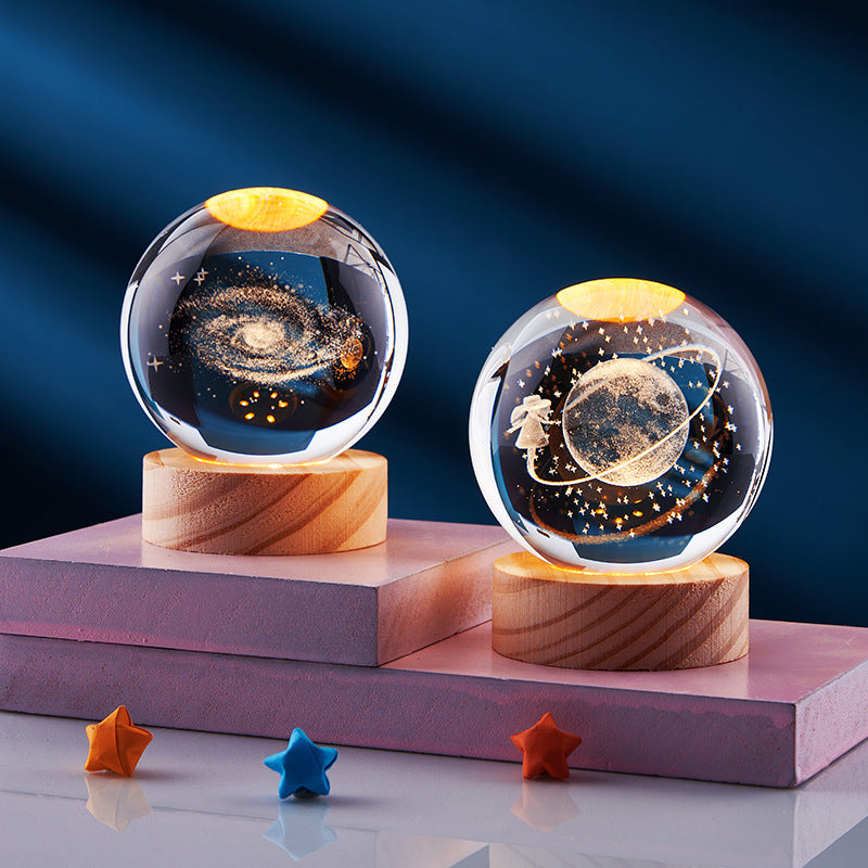 Crystal Ball 3D Inner Carved Solar System Glowing Night Lights Warm Bedside Light Festival and Kid Gift Night Lamp