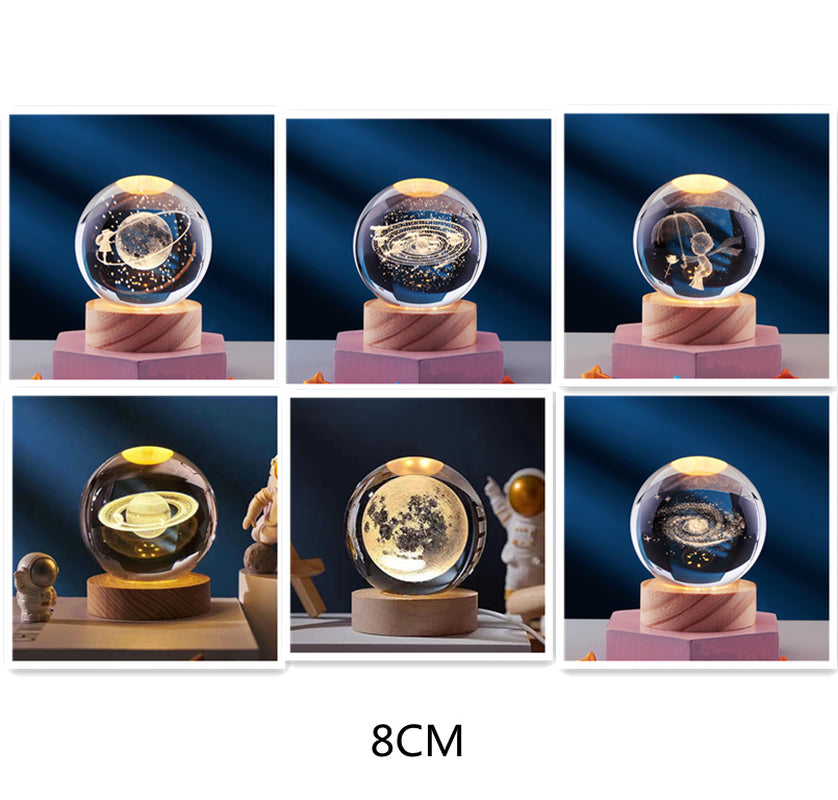 Crystal Ball 3D Inner Carved Solar System Glowing Night Lights Warm Bedside Light Festival and Kid Gift Night Lamp