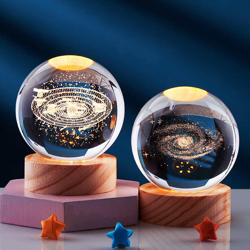 Crystal Ball 3D Inner Carved Solar System Glowing Night Lights Warm Bedside Light Festival and Kid Gift Night Lamp