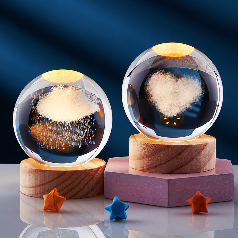 Crystal Ball 3D Inner Carved Solar System Glowing Night Lights Warm Bedside Light Festival and Kid Gift Night Lamp