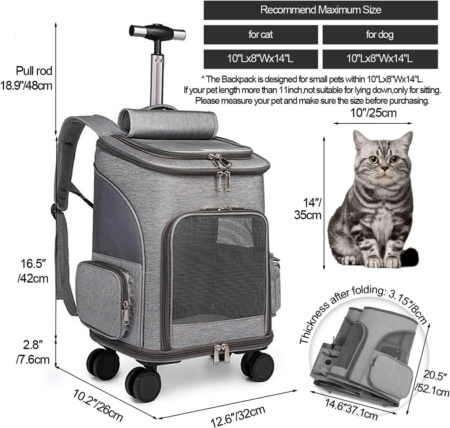 GJEASE Airline Approved Pet Carrier Backpack with Wheels(Large Space),Rolling Backpack with Durable Handle and Flexible Wheels,Breathable Durable Mesh Panels(Most Airplane Approved)