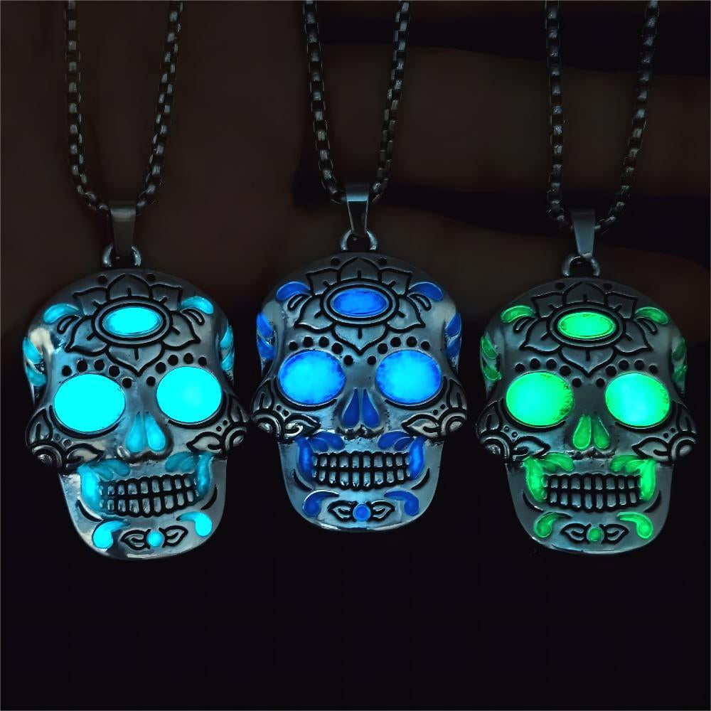 Halloween Luminous Skull Necklace with Day of the Dead Lotus Pattern Personality Clavicle Necklace Fashion Jewelry Accessories