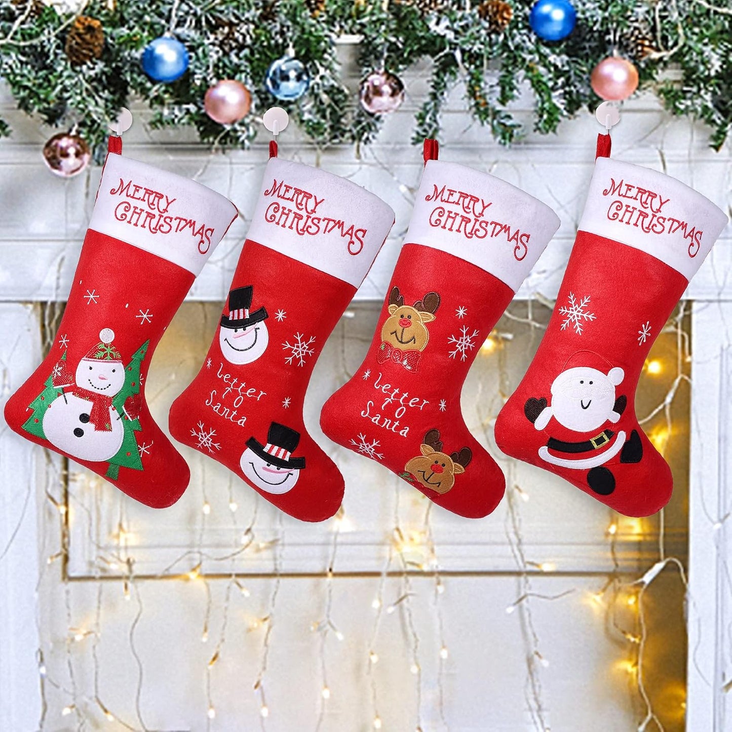 4 Pack Christmas Stockings, Large Xmas Fireplace Hanging Stockings with Santa Snowman Reindeer, for Kids Gift Family Holiday Christmas Party Decorations Tree Decoration