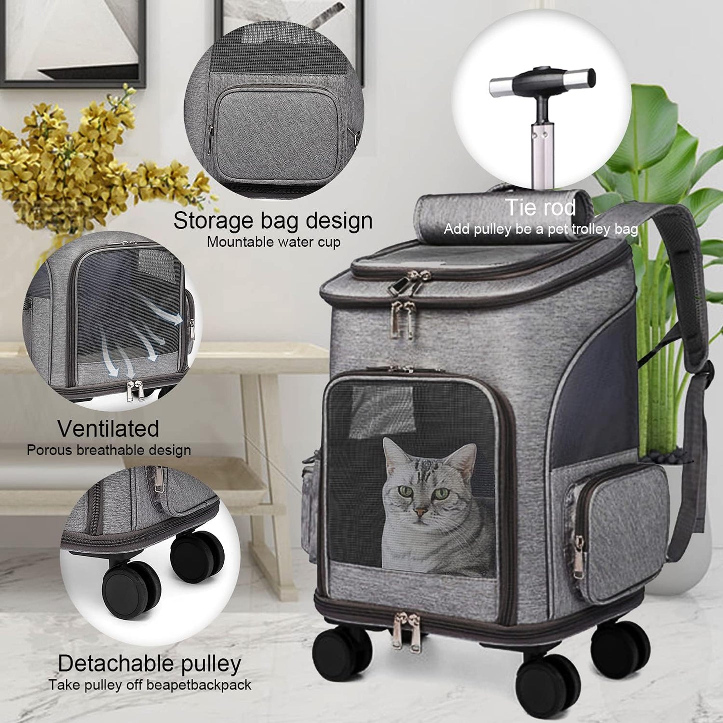 GJEASE Airline Approved Pet Carrier Backpack with Wheels(Large Space),Rolling Backpack with Durable Handle and Flexible Wheels,Breathable Durable Mesh Panels(Most Airplane Approved)