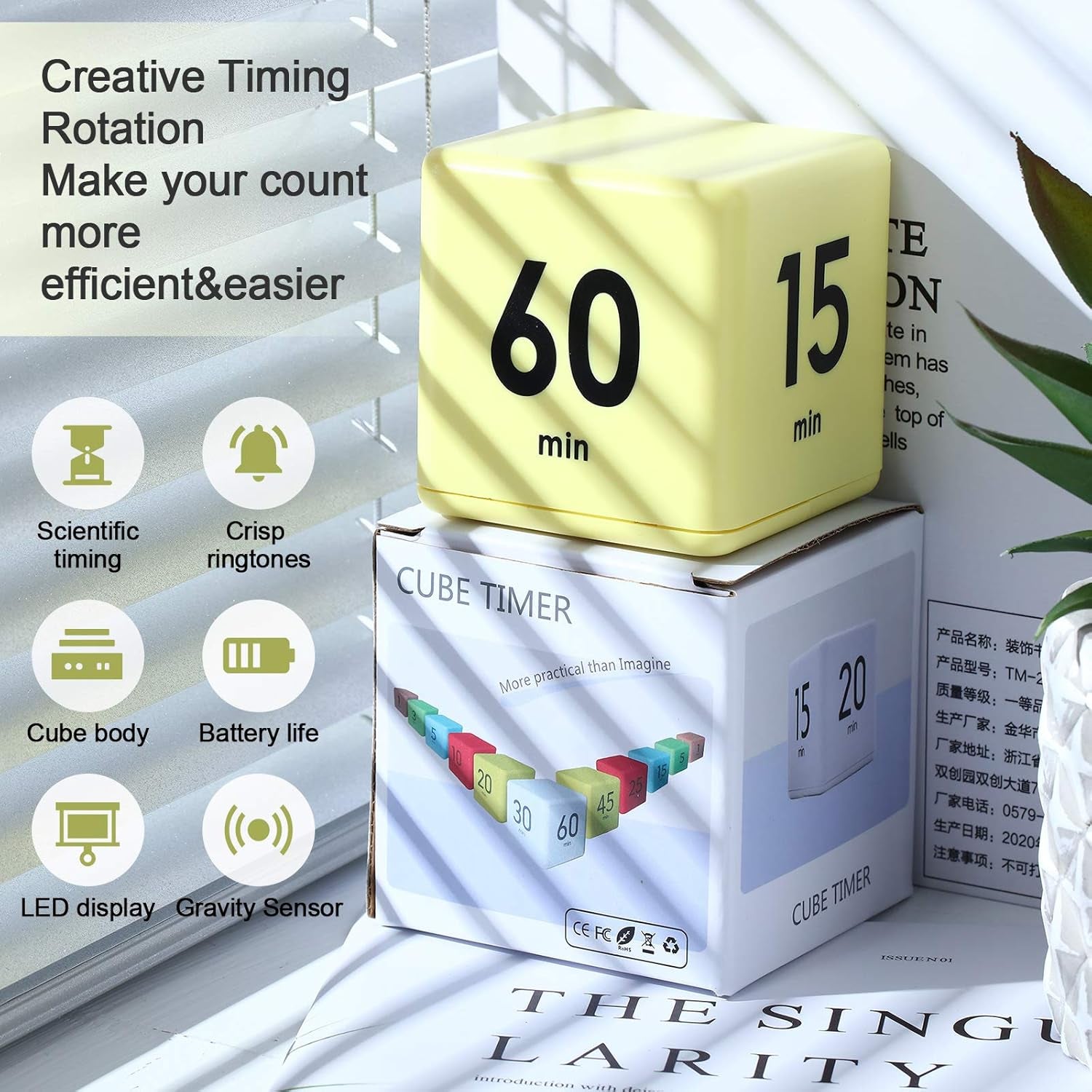 Cube Timers Cube Kitchen Timer Gravity Sensor Flip Timer Cube Countdown Timer 2.6 Inch Kids Timer Square Workout Timer Exercise Timer Game Timer 15-20-30-60 Minutes for Time Management (Yellow)