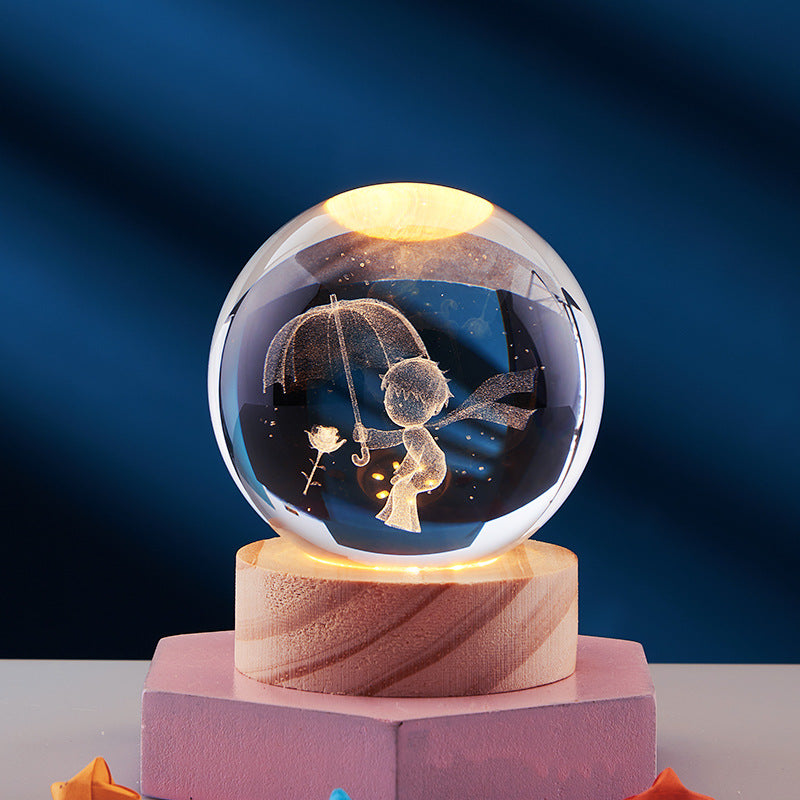 Crystal Ball 3D Inner Carved Solar System Glowing Night Lights Warm Bedside Light Festival and Kid Gift Night Lamp